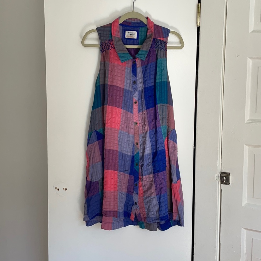 Colorful Plaid Button Down Trapeze Dress